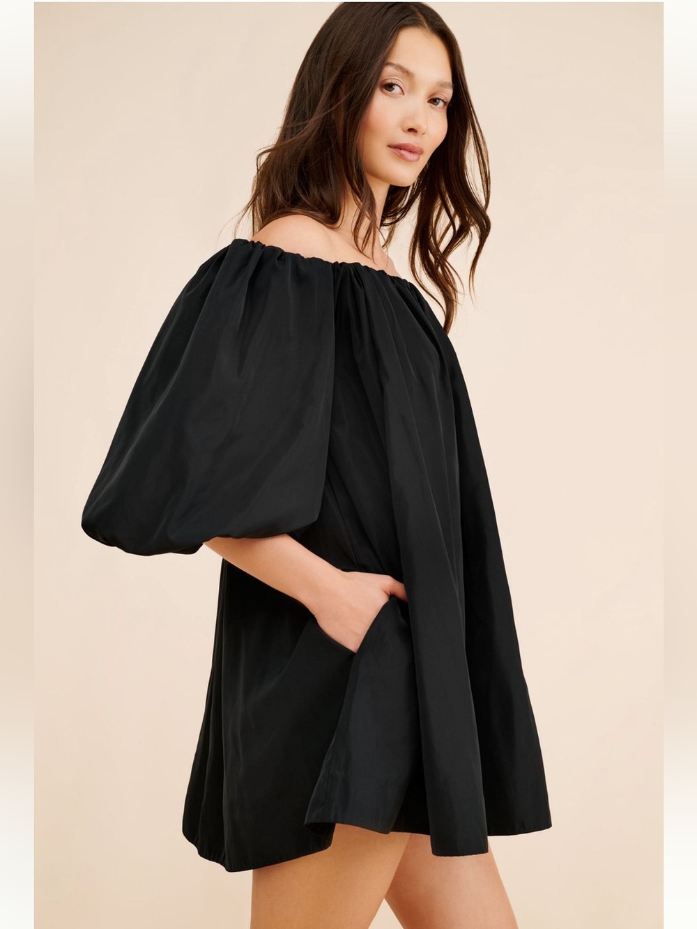 NWT Anthropologie Mare Mare Off-the-Shoulder Black Mini Dress with Puff Sleeves - Picture 4 of 6